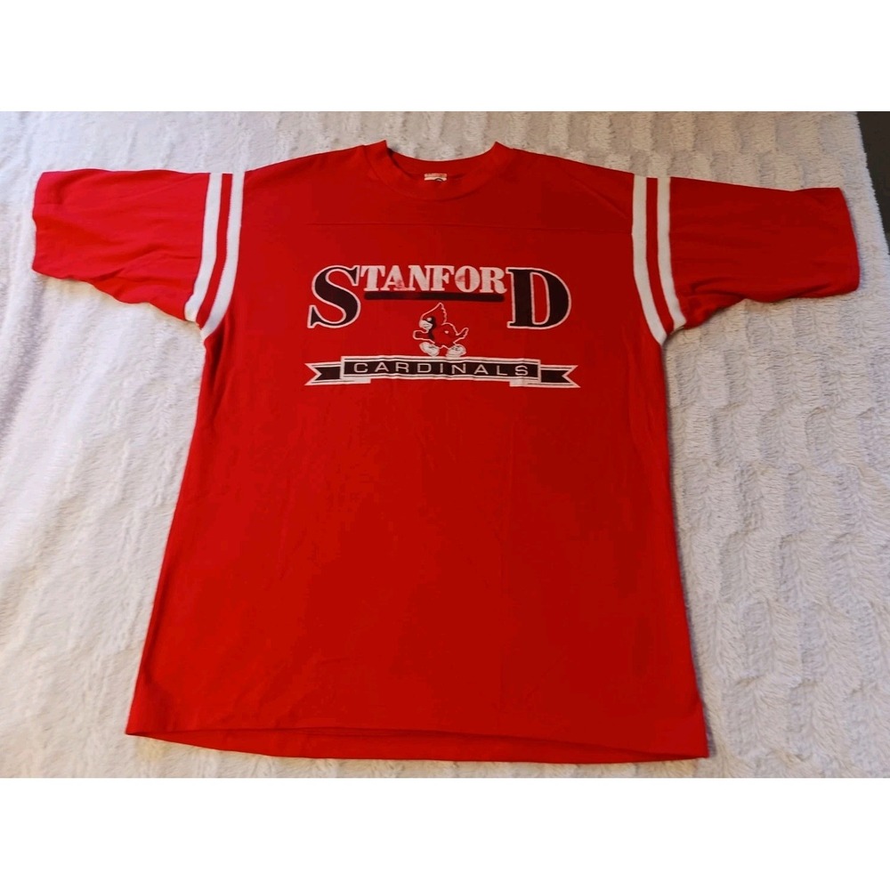 Vintage 80s Artex Stanford Red T-Shirt Single Stitch Made USA Mens Large ¾ Sleev